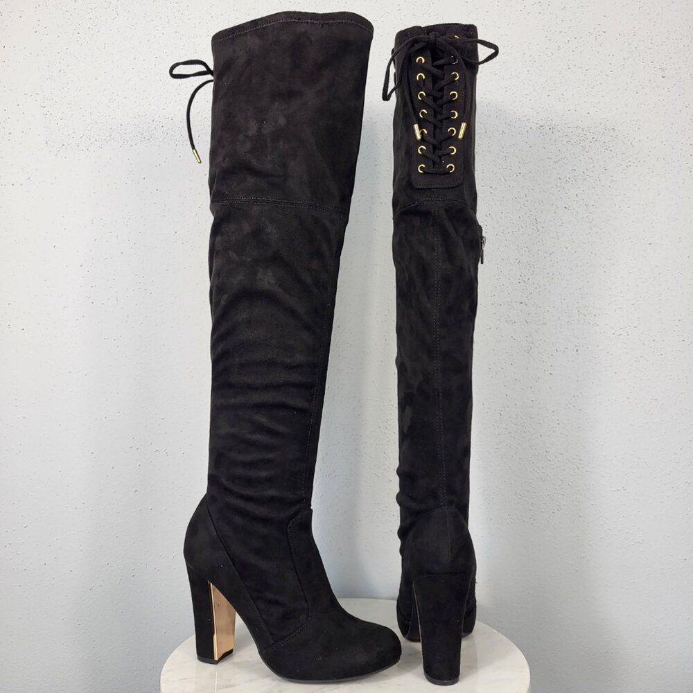 MATERIAL GIRL~SZ 7~BLACK FAUX SUEDE OVER THE KNEE TIE BACK SIDE ZIPPER BOOTS